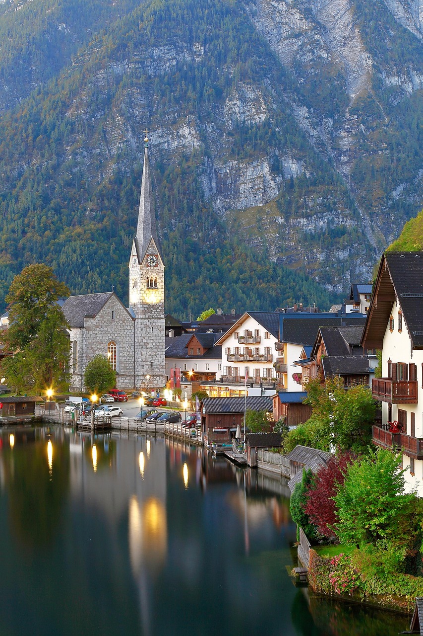 hallstatt, church, lake, nature, austria